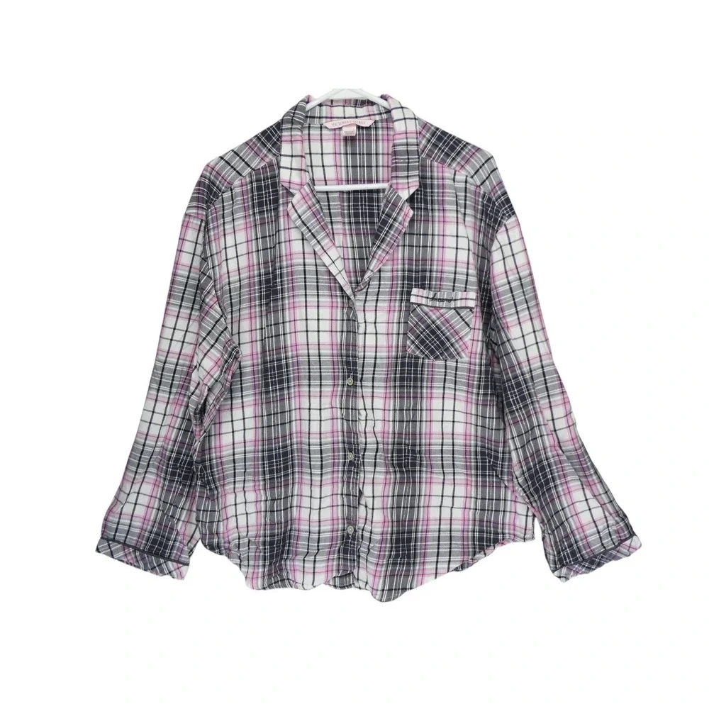 Victoria's Secret Womens Pajama Set XL Pink Plaid Button Up Sleepwear Drawstring